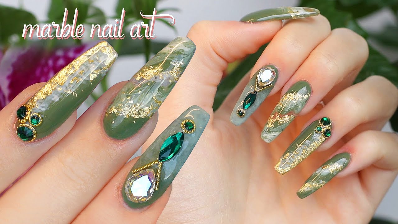 Marble Nail Art with Gold Foil/ gel extensions with polygel nail forms/  self nail asmr 