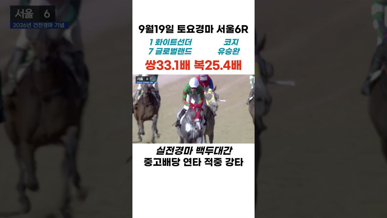 9월19일 토요경마 서울6R 쌍33 1배 복25 4배! 중고배당 "연타 적중" 강타!