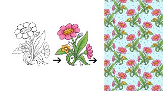 Wild Flowers from Sketch to Seamless Vector Pattern - Speed Process