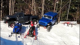 Rc sled adventure ,scx 6 axial jeep & 1/5 scale truck 4x4 on snow.