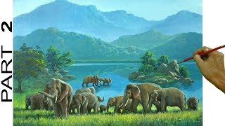 Landscape Painting with lake and Elephants | Acrylic Painting Tutorial | Part 2