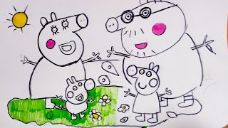 Peppa Pig family scenary Easy drawing and coloring Pages for kids #forkids #howtodraw