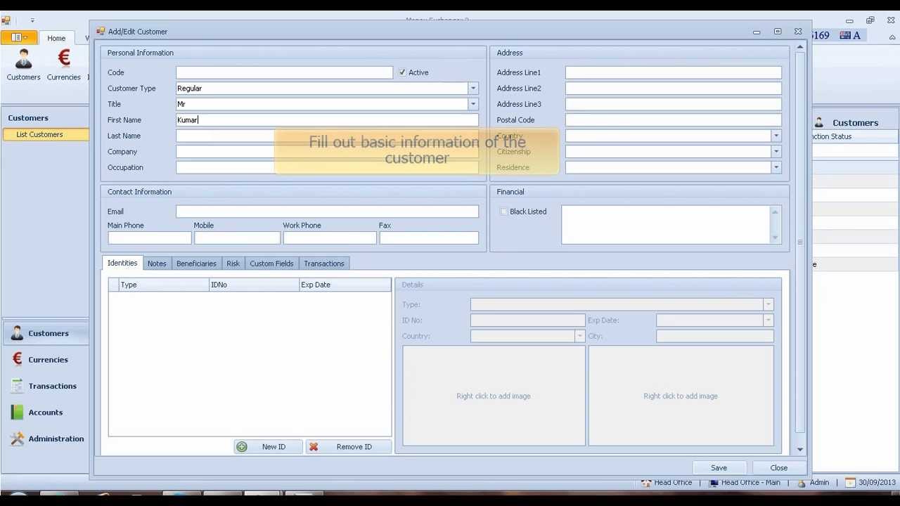 Money Exchange Software - How to add a new customer