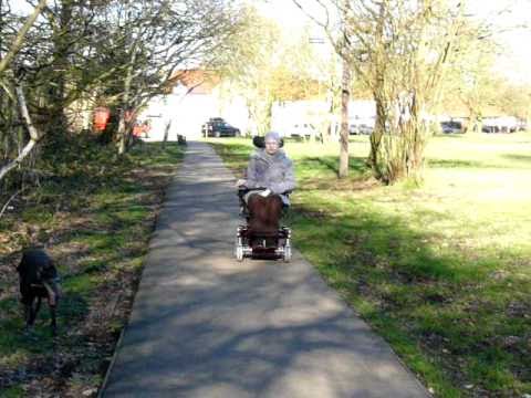 Driving along Thundersley common in my new wheelchair, a Sunrise Medical Quickie Salsa Midwheel Drive powerchair. Thank you to everyone who made it possible to buy it.