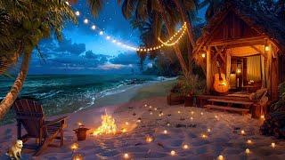 Soft Jazz Instrumental Music  Beachfront Cabin Evening Vibes with Gentle Waves & Campfire to Relax