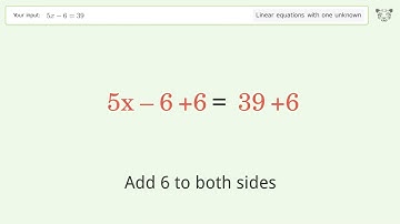 Linear equation with one unknown: Solve 5x-6=39 step-by-step solution