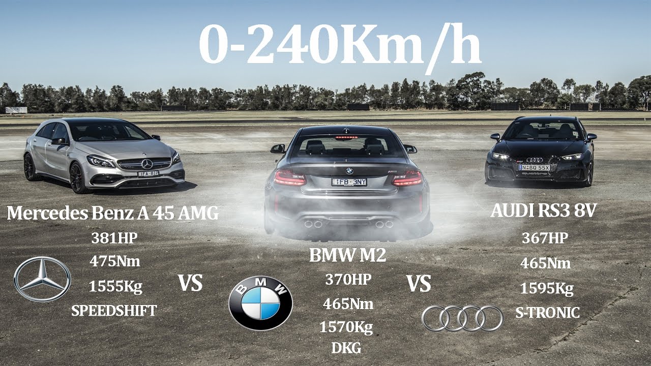COMPARATIVE!! MERCEDES BENZ A45 AMG 381Hp Vs BMW M2 370Hp Vs AUDI RS3 8V 367HP - AWD Vs RWD Vs ...