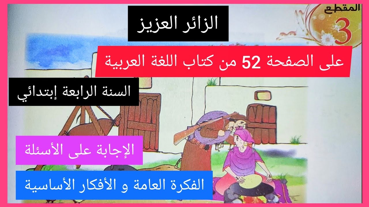 الزائر العزيز على الصفحة 52 من كتاب اللغة العربية للسنة الرابعة الإجابة على الأسئلة و إستخراج الفكرة