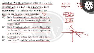 Assertion (A): The maximum value of Z=x+3y such that 2x+y≤20,x+2y≤20,x,y≥0 is 30. ....