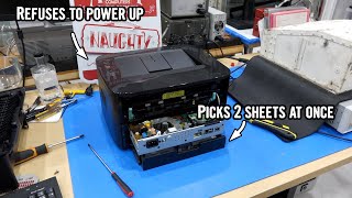 Samsung ML-2525W laser printer double repair: picks up two sheets, does not power on