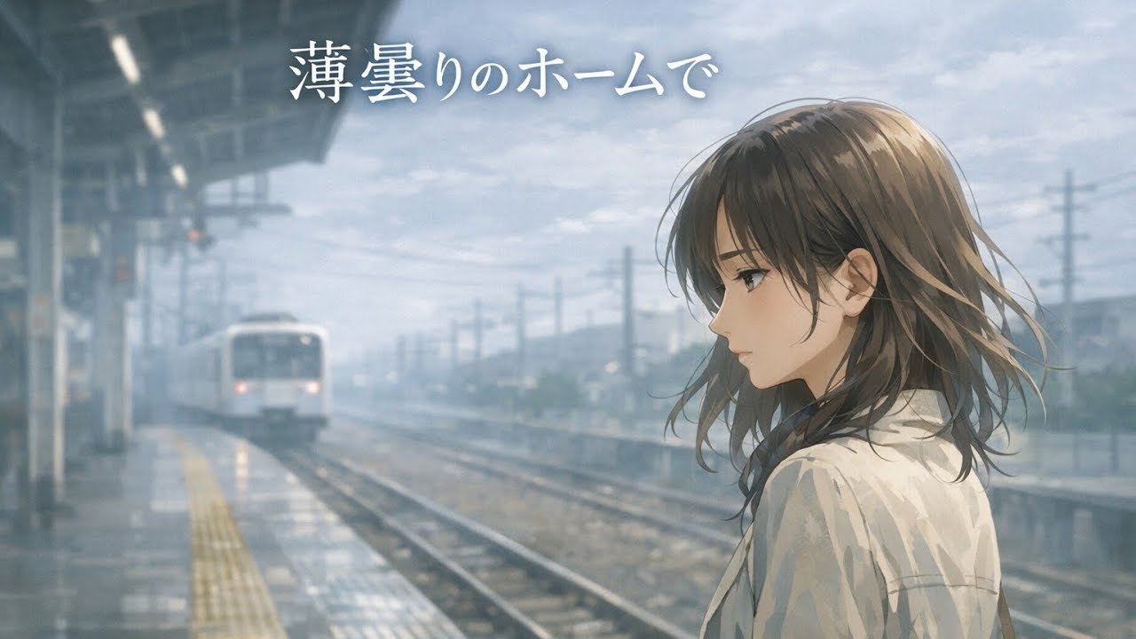 薄曇りのホームで