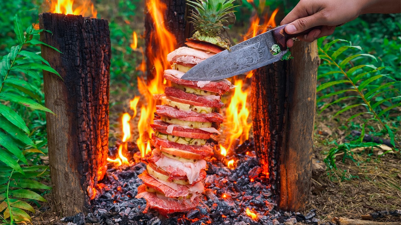 Cook Meat & Pineapple Over Open Fire  in the Forest