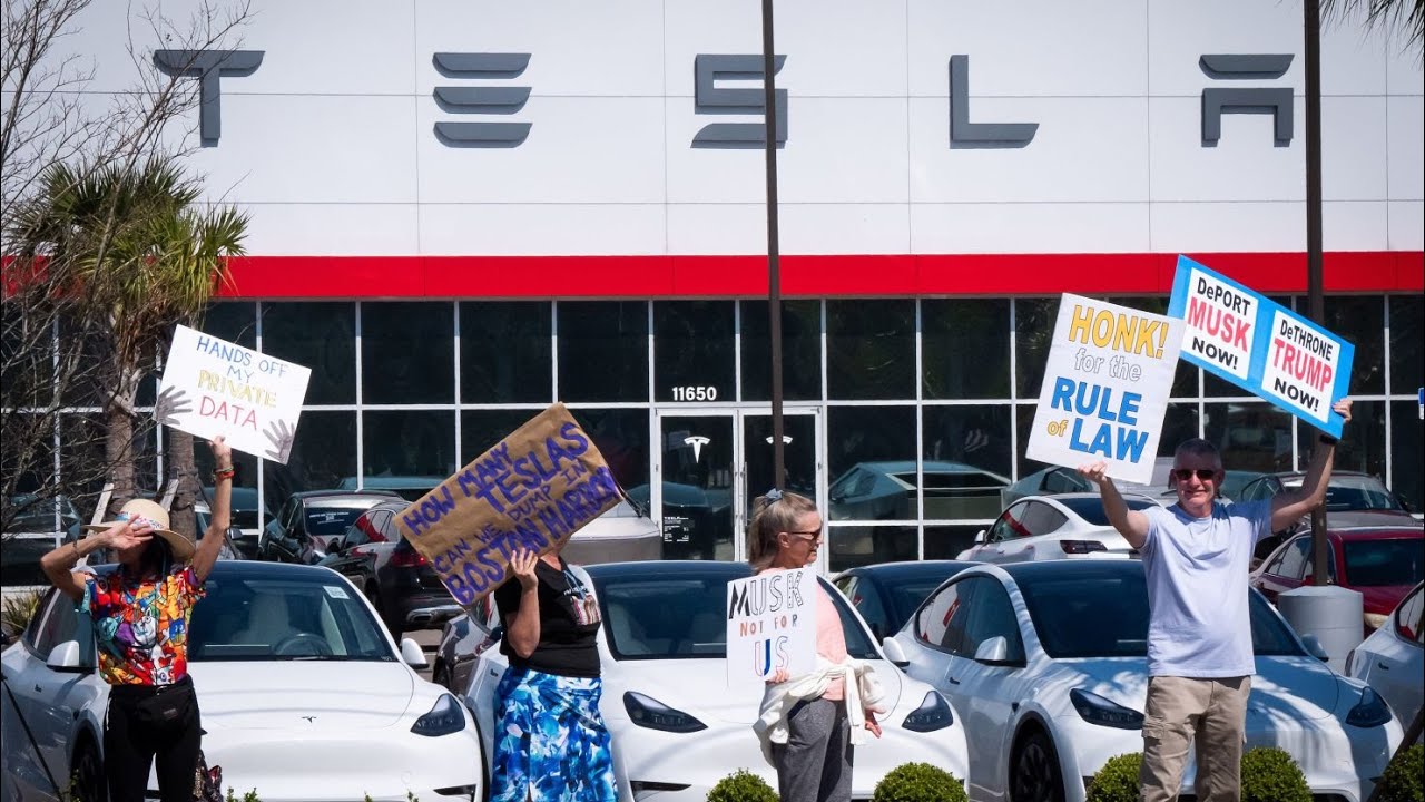 Anti Musk Protest in Front of Tesla Dealership in Ft. Lauderdale. Do ...