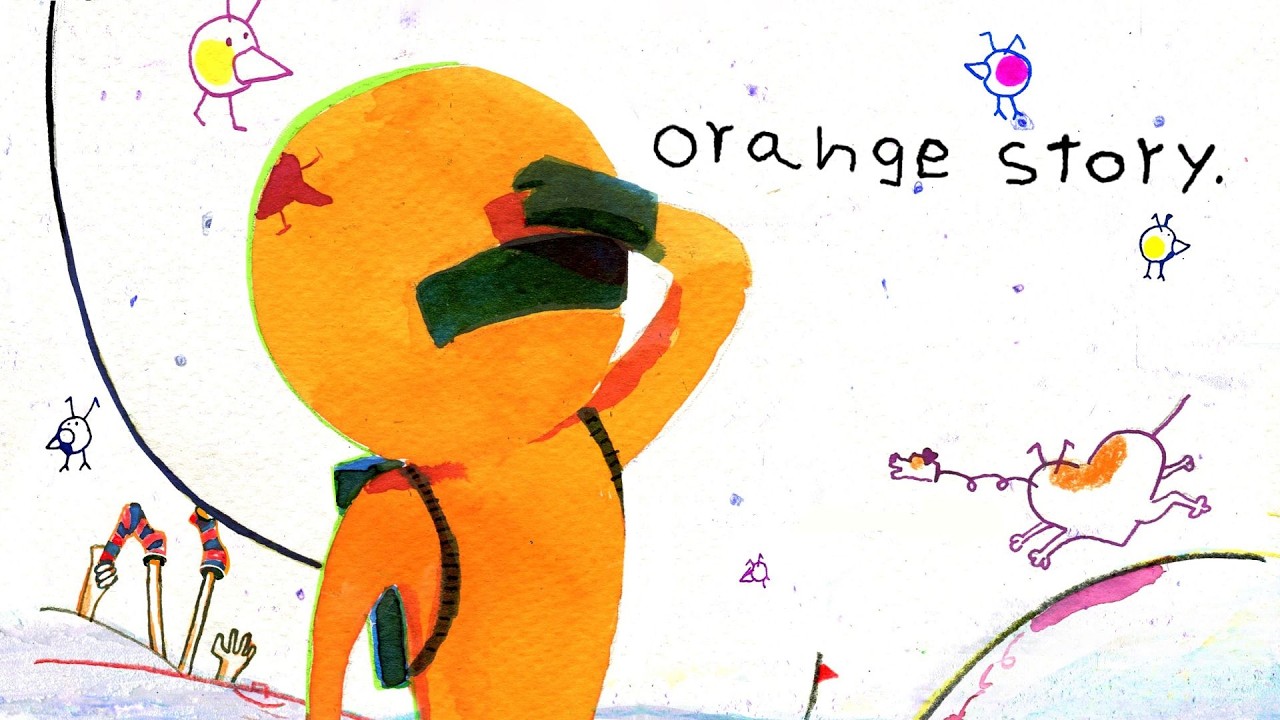 Orange Story poster: naive drawings of an astronaut, crocodile and dog in a desert palette