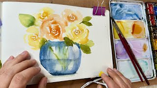 Watercolor Journal Day 72 (Orange roses in a blue vase)