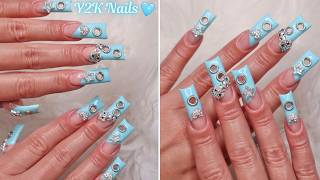Y2K 3D Hello Kitty Rhinestone Belt Polygel Duck Nails 🩵🫧✨ w/ Metal Circle Cutouts