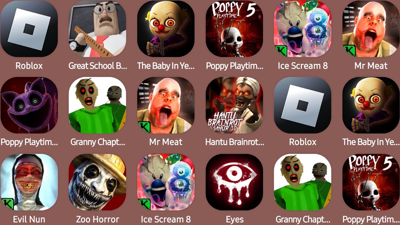 Roblox,Great School Breakout,The Baby In Yellow,Poppy Playtime Chapter 5,Mr Meat,Ice Scream 8...