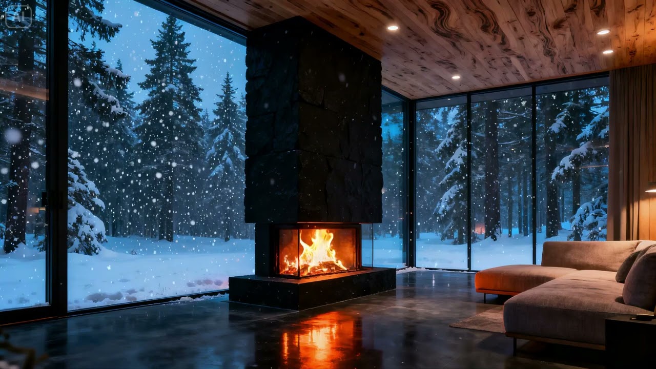 Snow Falling Beyond the Glass Walls ❄️🔥 Modern Black Fireplace and Deep Winter Calm