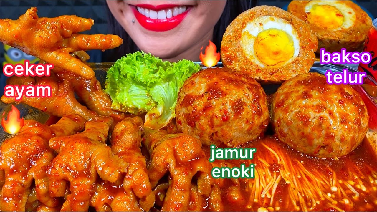 MAKAN BAKSO TELUR KUAH CABE CEKER AYAM *SPICY EGG MEATBALL CHICKEN FEET ENOKI MASSIVE Eating Sounds