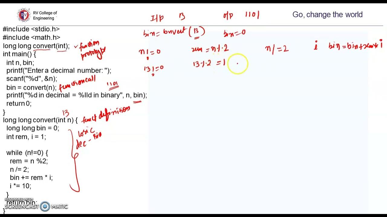 Decimal to Binary Conversion Program in C. - YouTube