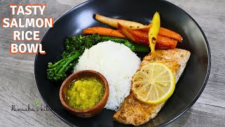 Rice Bowl with Lemon Herb Garlic Salmon,Candied Carrots,grilled Broccolini