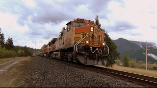 BNSF Double header double-stack thunders past Bonneville Dam (2-clips)