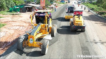 Motor grader grading gravel with road roller building road, សកម្មភាពធ្វើគ្រឹះផ្លូវលេខ២