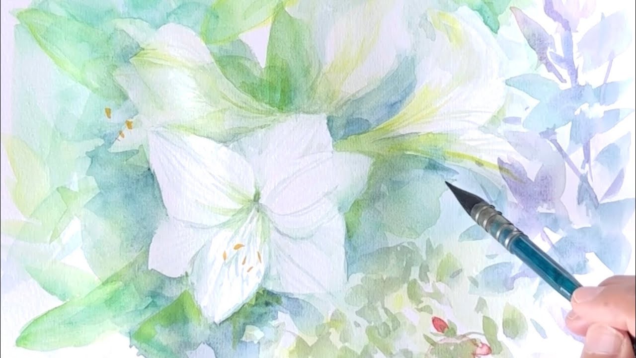 水彩画]咲き始めた白いアマリリスの花を水彩ガッシュで描く/watercolor