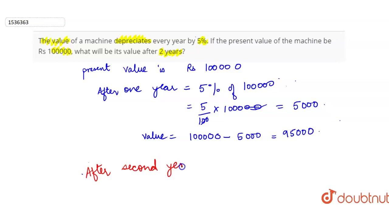 The Value Of A Machine Depreciates Every Year By 5 If The Present Value Of The Machine Youtube