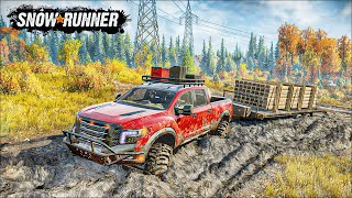 картинка: ДЖИП NISSAN TITAN ТАЩИТ ТЯЖЕЛЫЙ ПРИЦЕП ПО БЕЗДОРОЖЬЮ! ПОХОЖДЕНИЕ SNOWRUNNER С МОДАМИ!