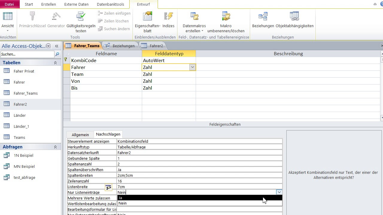 Update Datenbanken mit Microsoft Access Lernen 15 –Dropdown- / Kombinationsfelder