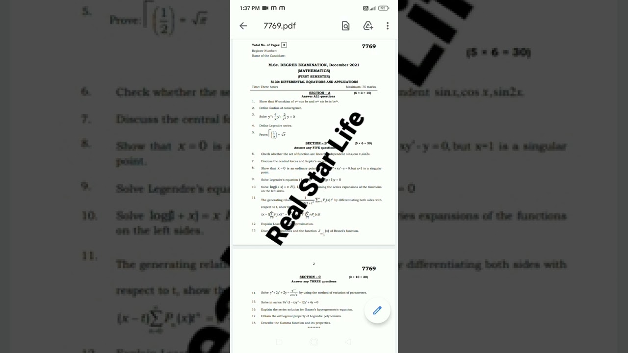 Annamalai University DDE MSc Maths (Differential Equations and Applications ) question paper 2022