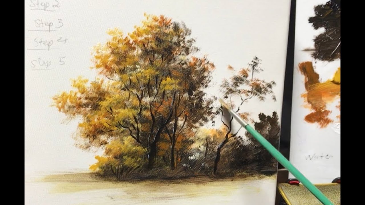 Basic Acrylic Painting Tutorial for Beginners  How to Paint an Autumn Tree  Using Fan Brush 