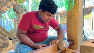 Skilled Little Boy Making Wooden Incense Burner | Wood Carving Art