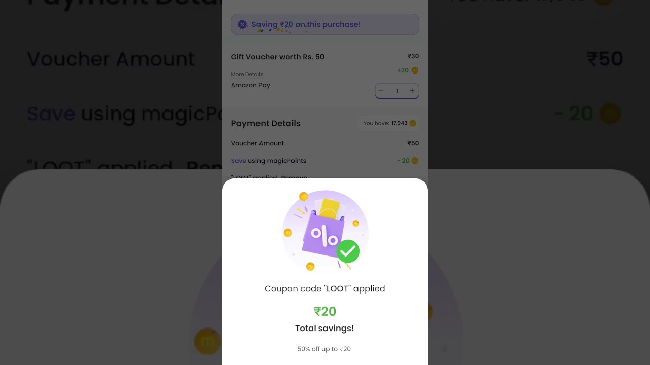 Magicpin App Offer ₹50 ka Amazon pay Voucher Buy karo Code Apply kro "LOOT" ₹20 Off Ho Jayega 🥳