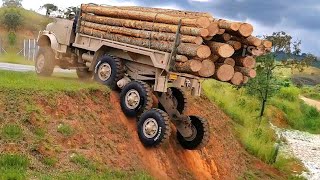 Dangerous biggest wood truck transport climber fastest over skill, Heavy crazy dump truck operator