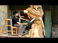 The Asian Craftsman Wood Carving Giant Tree into A Beautiful Wooden Sculpture // Giant Woodworking