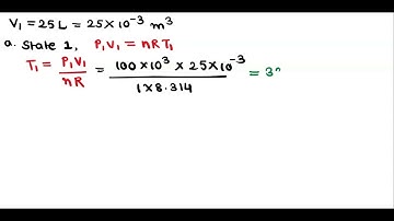 One mole of an ideal monoatomic gas at initial volume Vi = 25 follows the cycle in the P-V plot bel…