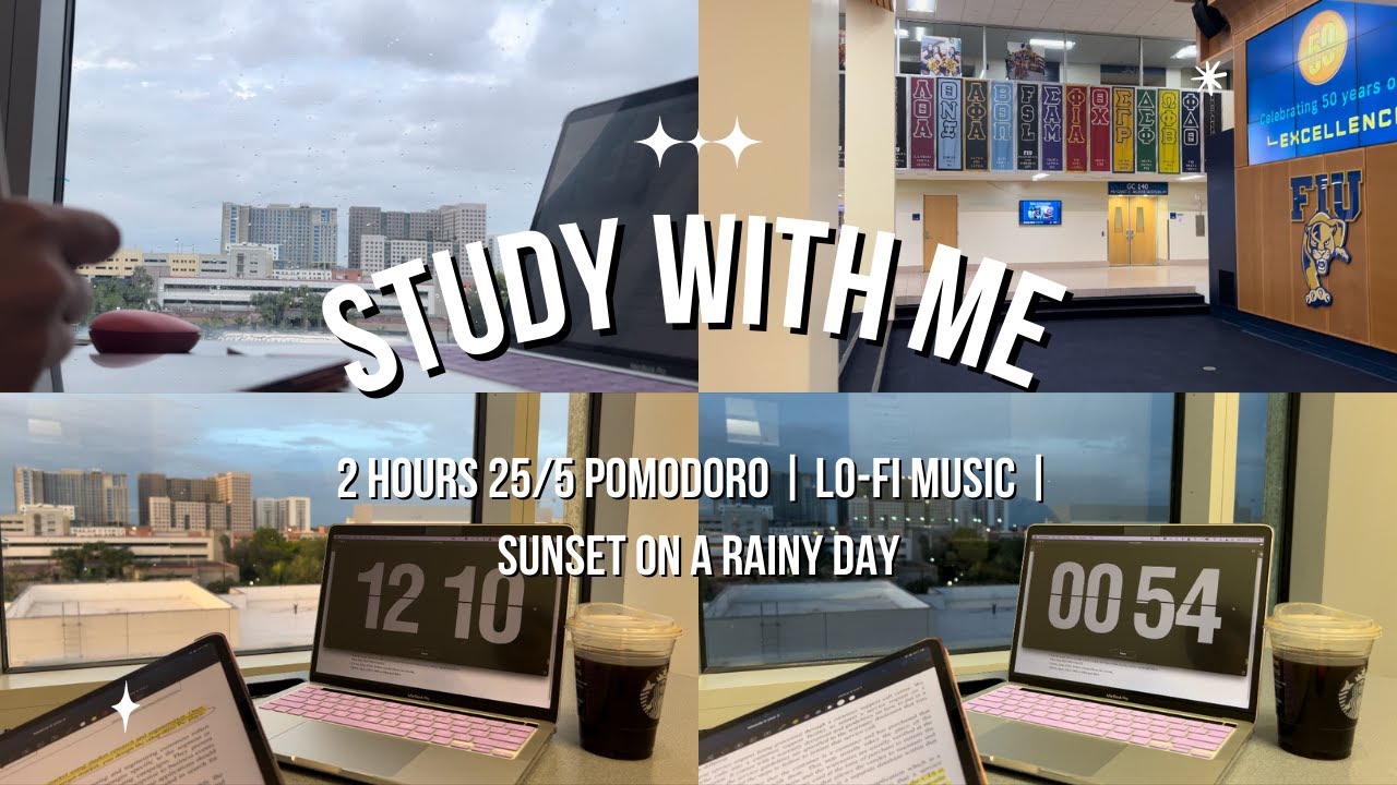 Study With Me 25/5 | 2 Hours POMODORO with Breaks | Sunset on a Rainy ...