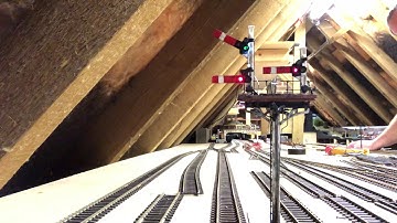 Hornby model railway signals. Motorised, lit and weathered signal gantry running on MegaPoints.