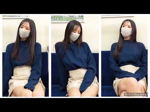 Japanese Girl LOOKBOOK with up skirt on the subway Ai 실사 룩북 Blue Knit and White Skirt