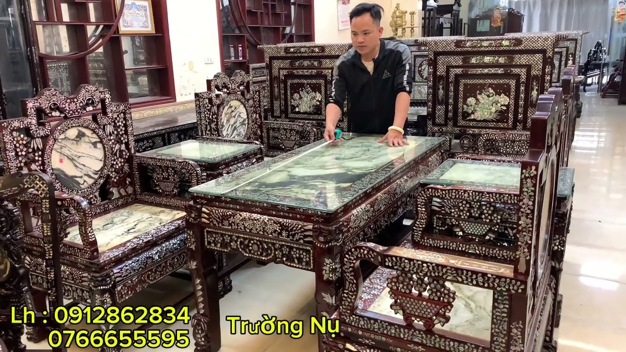 bàn trà  khảm ốc , kệ tivi , ghế cẩm lai khảm ốc , tủ bầy đồ , tủ góc .