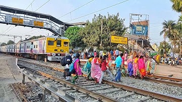 Crazy ladies stuck and dangerous crossing railgate : Accelerated EMU  moving throughout at railgate