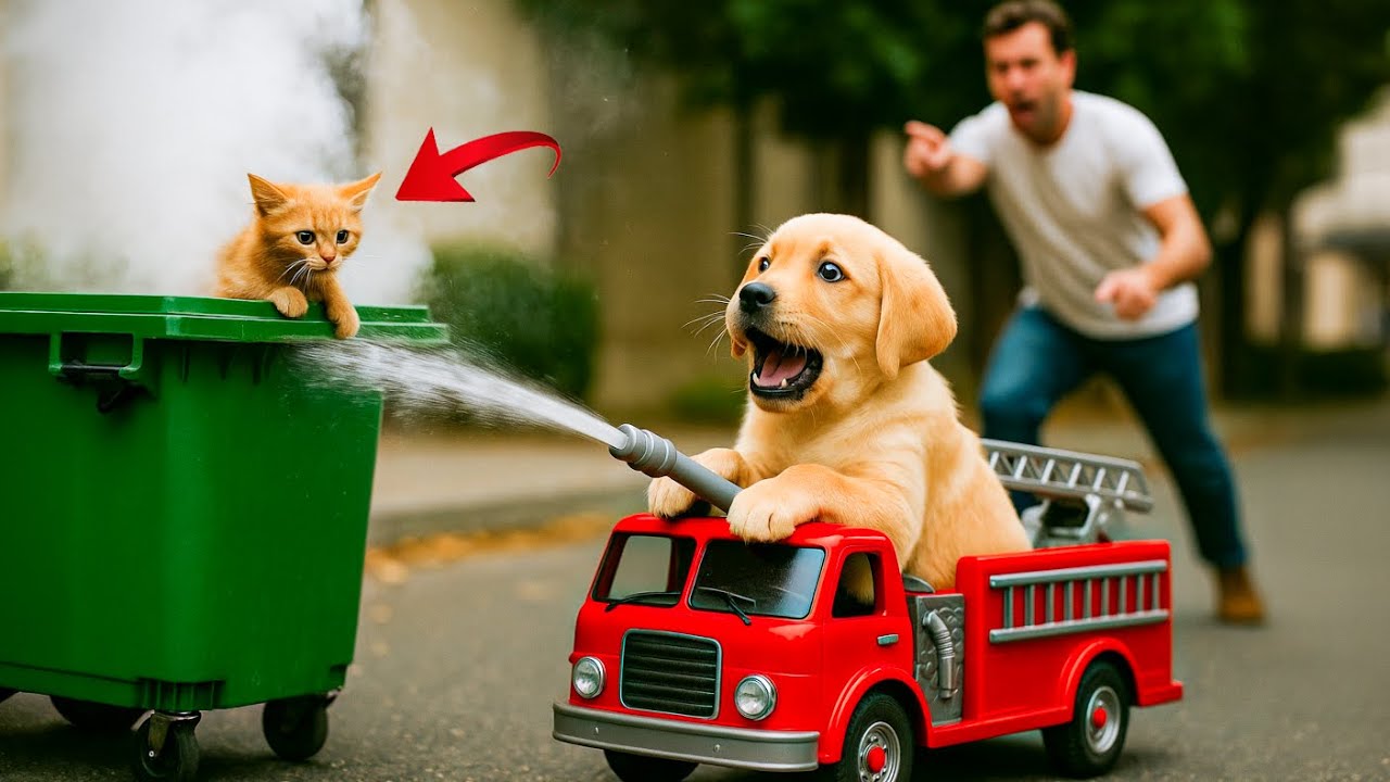 Непонятый щенок спас котёнка из дымящегося мусорного бака и получил новую игрушечную пожарную машину