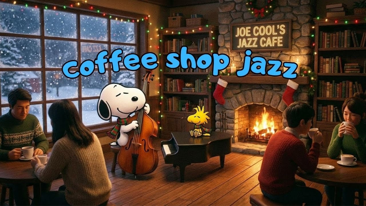 Cozy winter jazz coffee shop ambiance with Snoopy and Woodstock