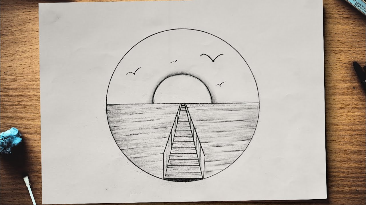 Pencil Drawing in Circle Step By Step || Easy Scenery Drawing || Circle ...