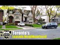 Toronto's Leaside neighbourhood - walking tour in a light rain, seeing plazas and houses!