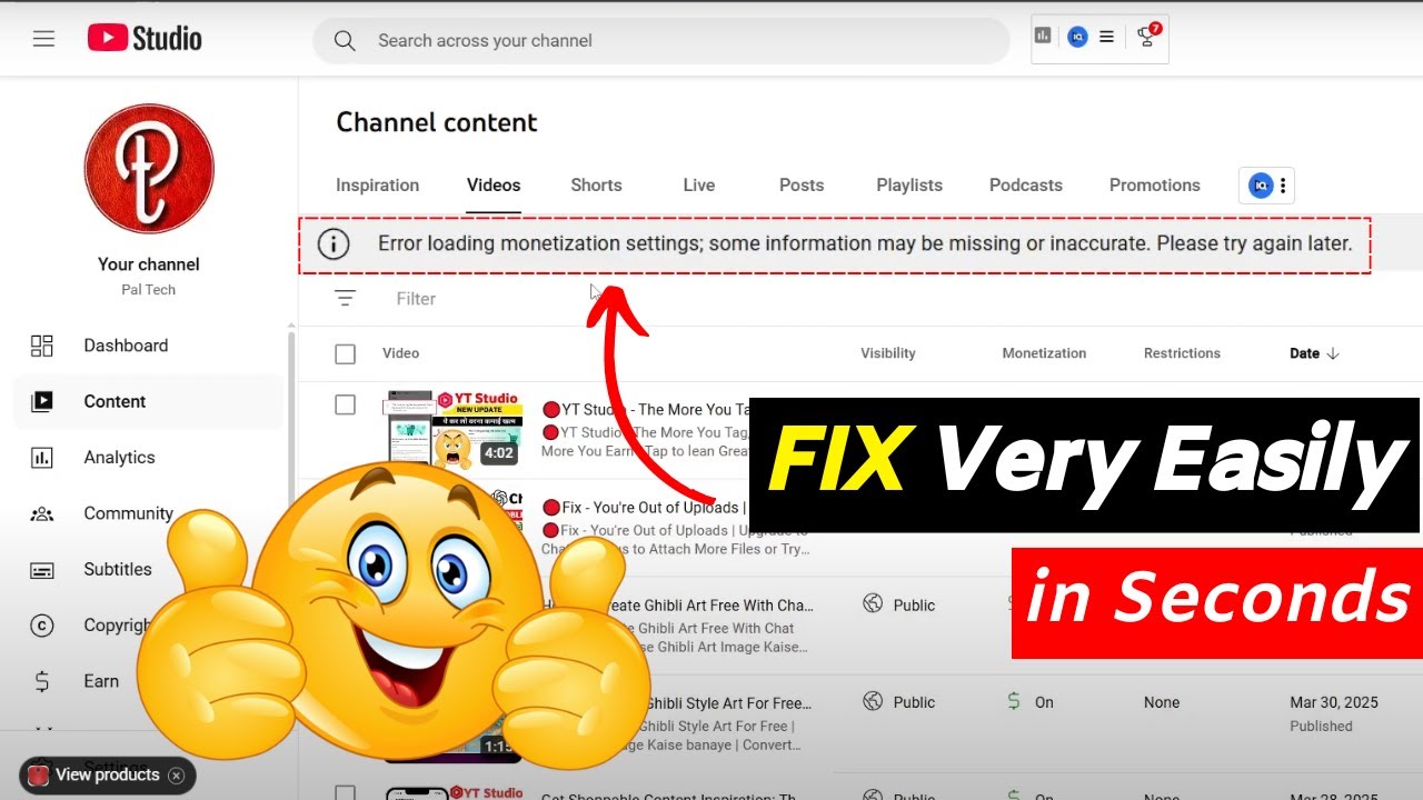 🔴Error Loading monetization setting; some information may be missing or inaccurate. Please Try again