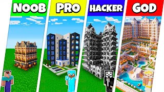 Minecraft Battle: NOOB vs PRO vs HACKER vs GOD: HOTEL SKYSCRAPER HOUSE BUILD CHALLENGE / Animation