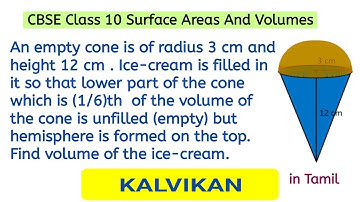 An empty cone is of radius 3 cm and height 12 cm . Ice-cream is filled in it so that lower part of..